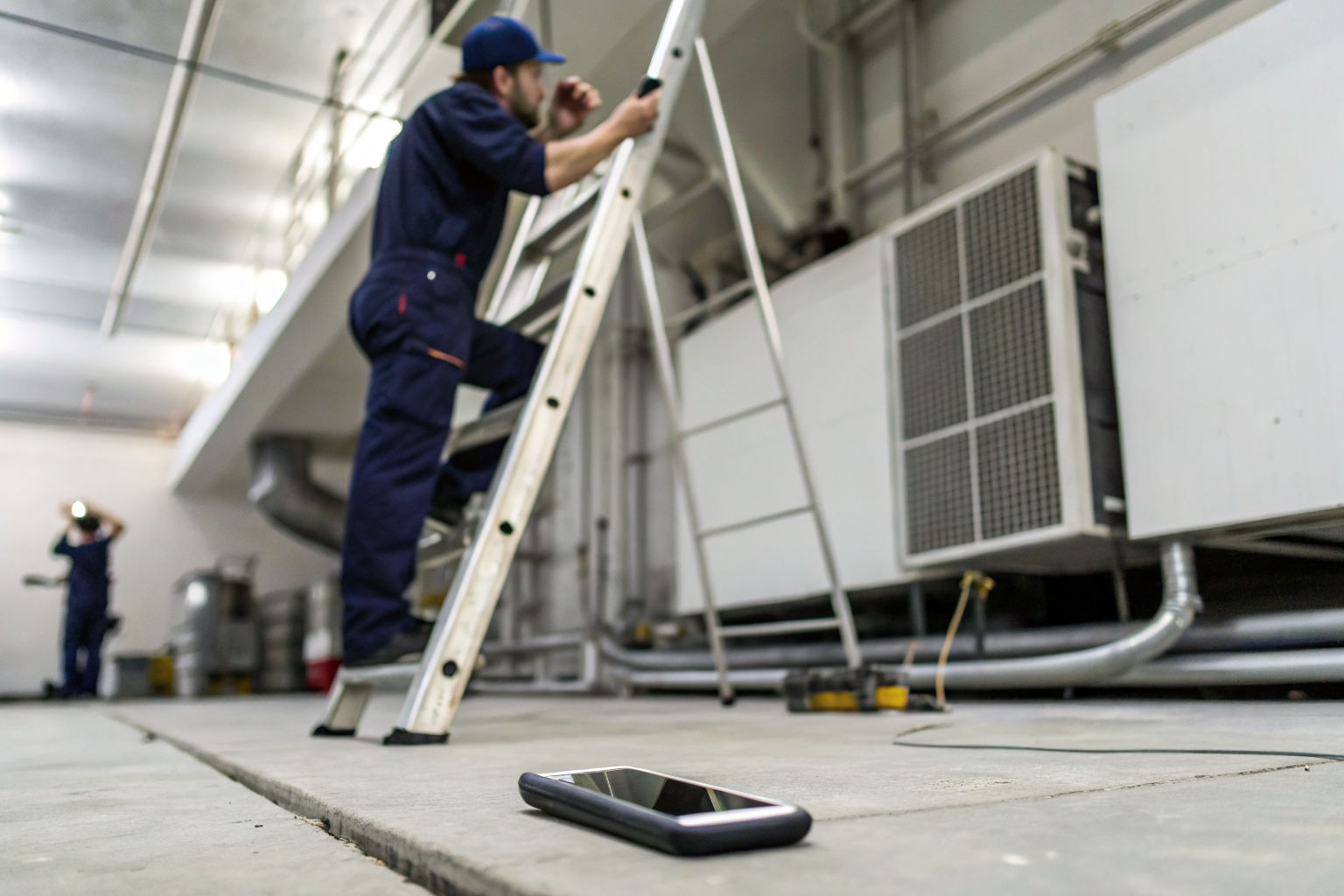 Technician on ladder with ringing smartphone below in HVAC setting.