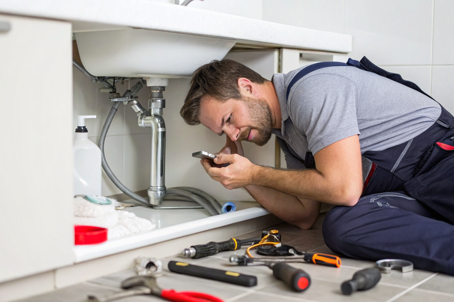 Plumber under sink with phone showing missed calls.