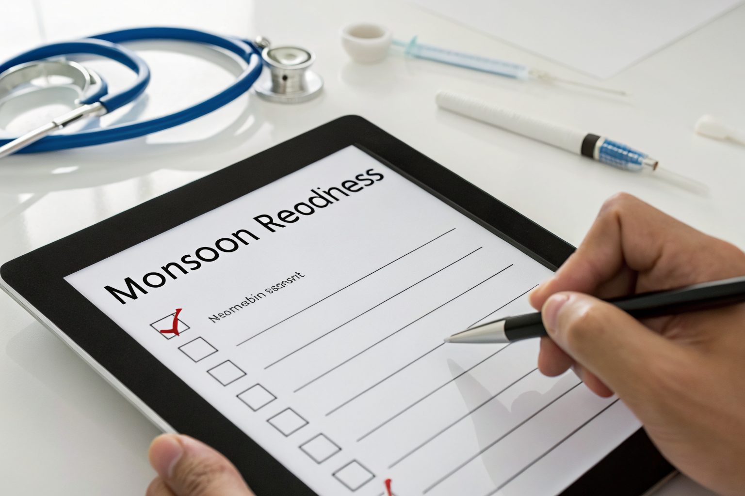 Tablet screen showing monsoon readiness checklist being completed.