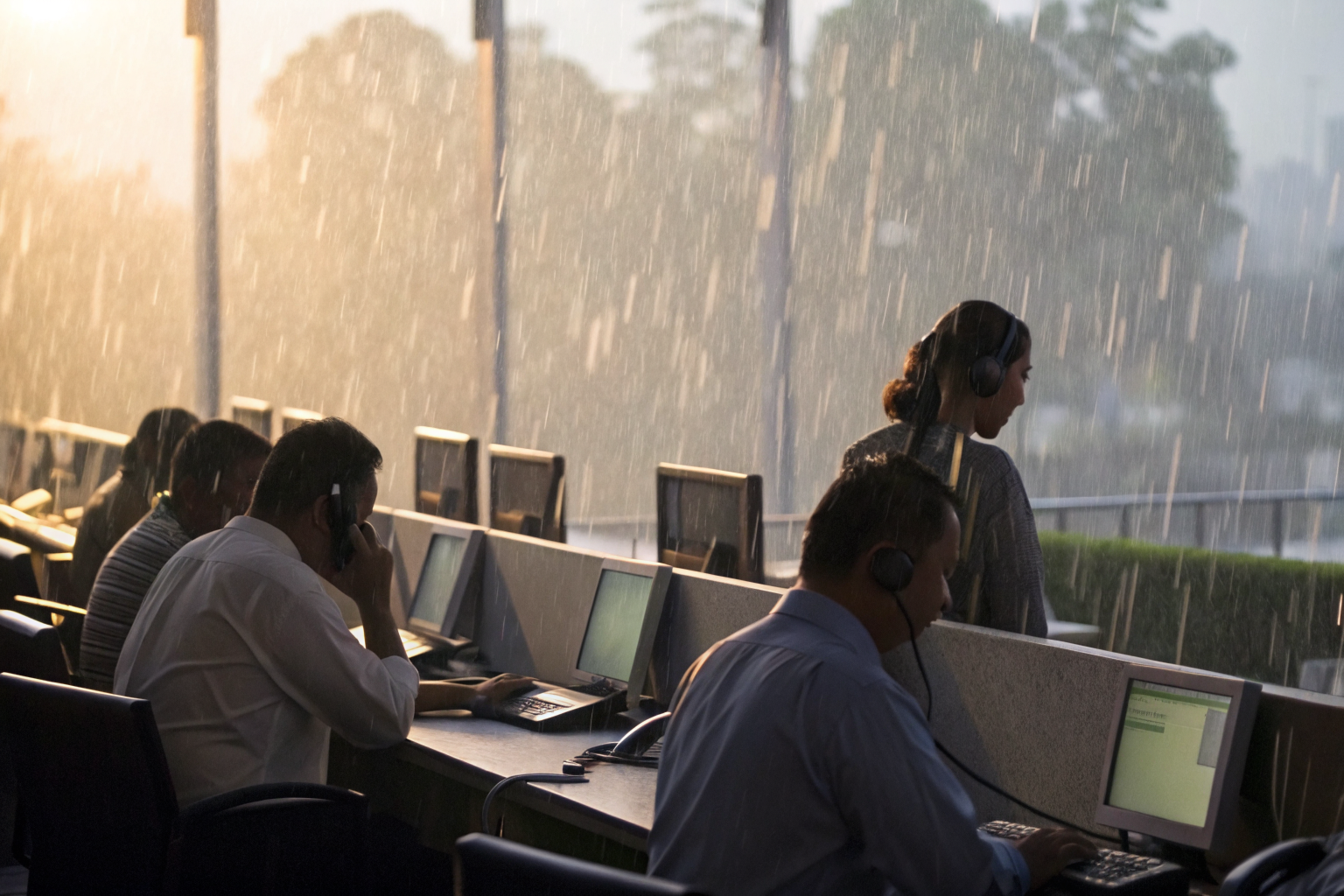 Call center with operators handling surge of calls during a storm.