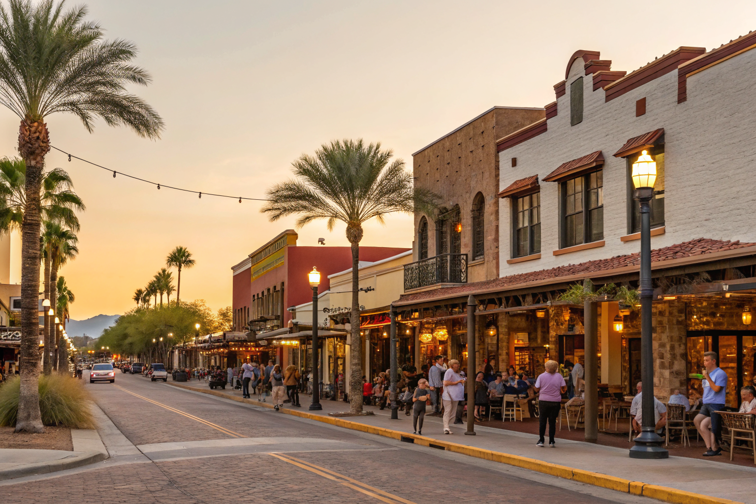 Busy Old Town Scottsdale street with bars, boutiques, and people.