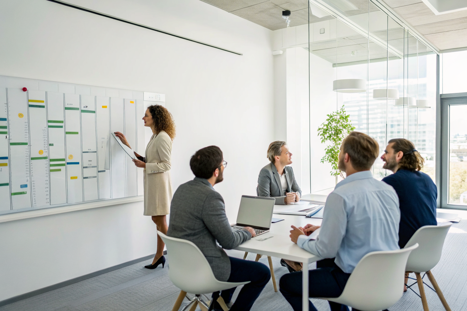 Business team discussing AI onboarding timeline with chart display.