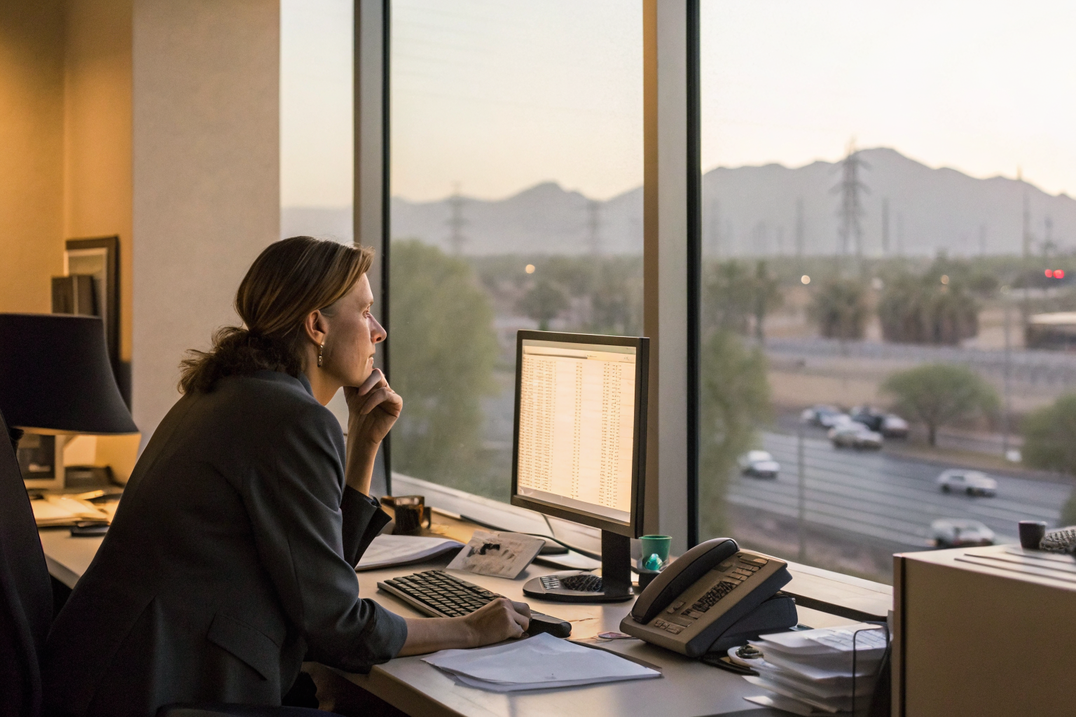 Phoenix office with human receptionist and AI ad outside.