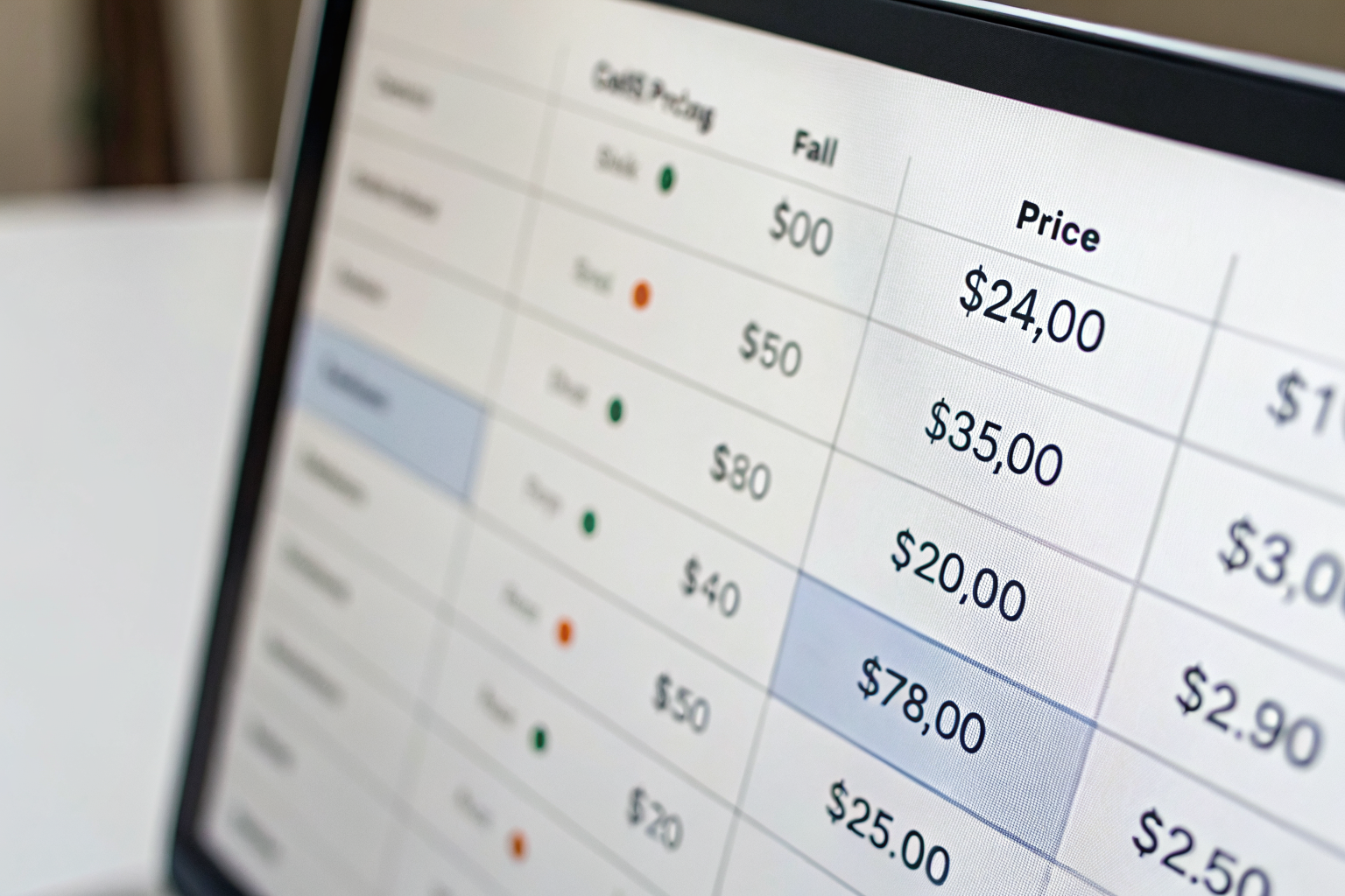 Digital pricing chart displaying call pricing plans.
