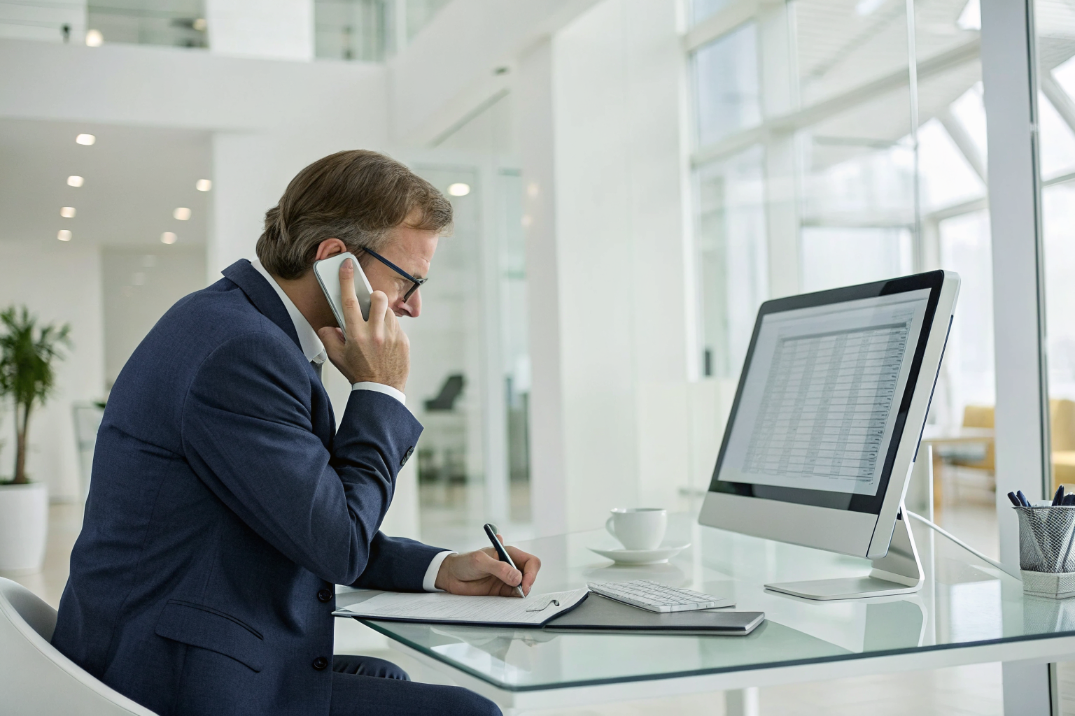 Consultant on a call taking notes in a modern office.