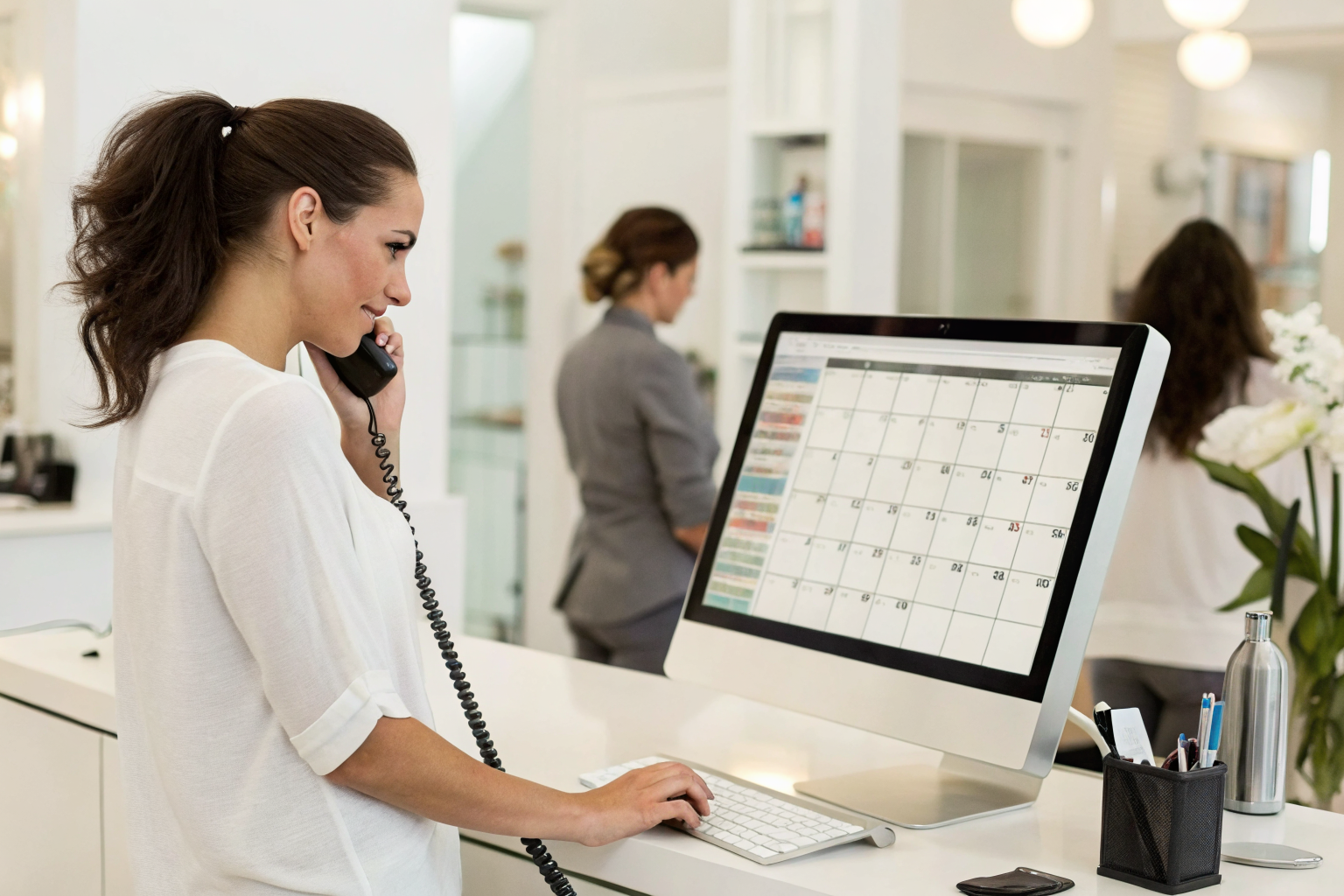 Receptionist checking calendar on computer, holding phone in salon.