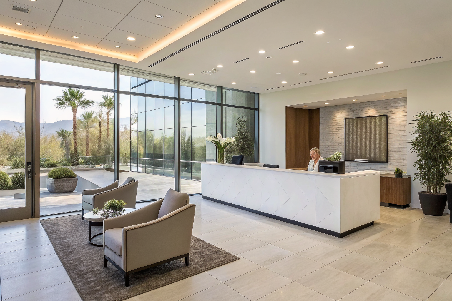 Luxury office reception in Scottsdale with modern furnishings.