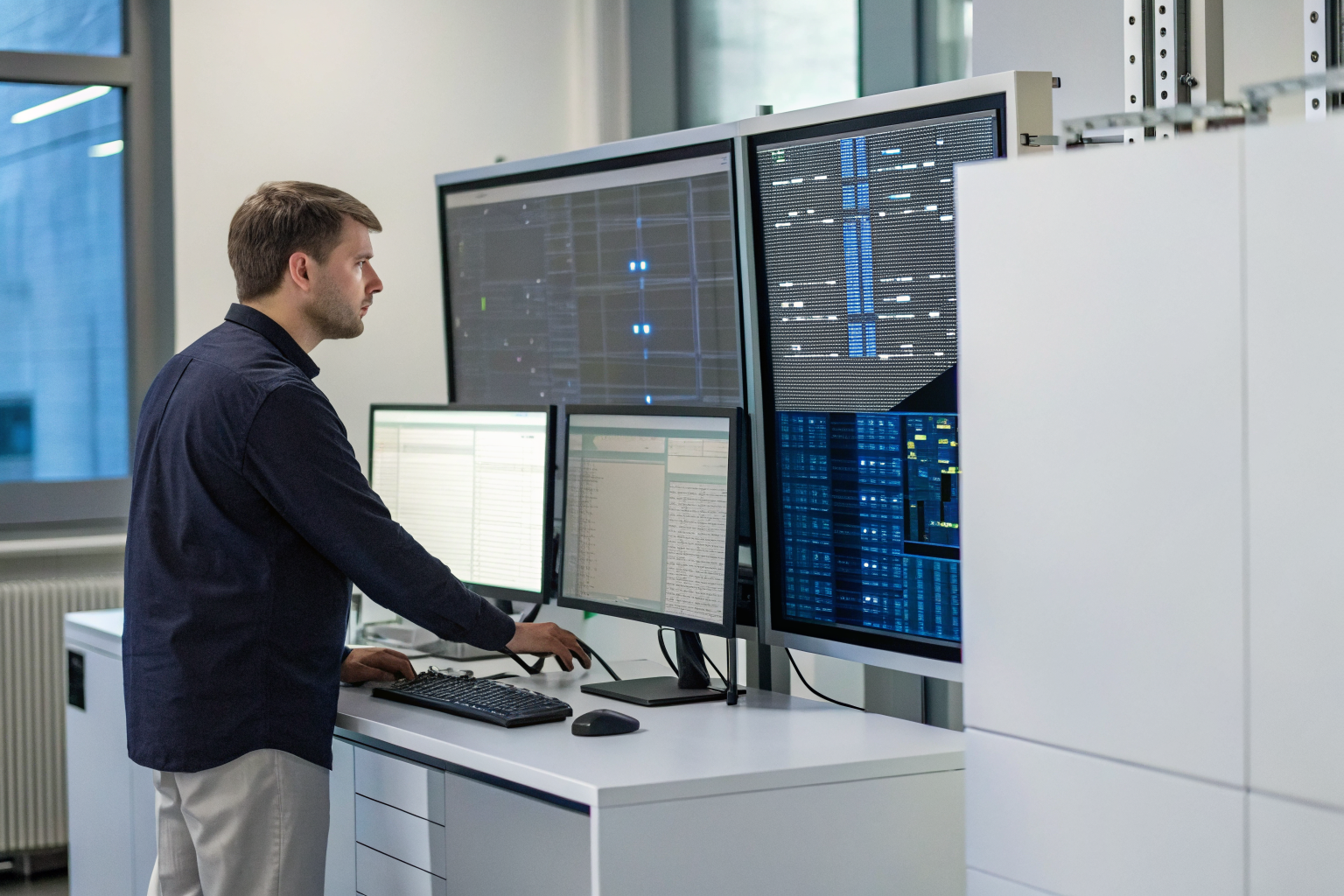 Tech specialist configuring AI receptionist system in office setup.