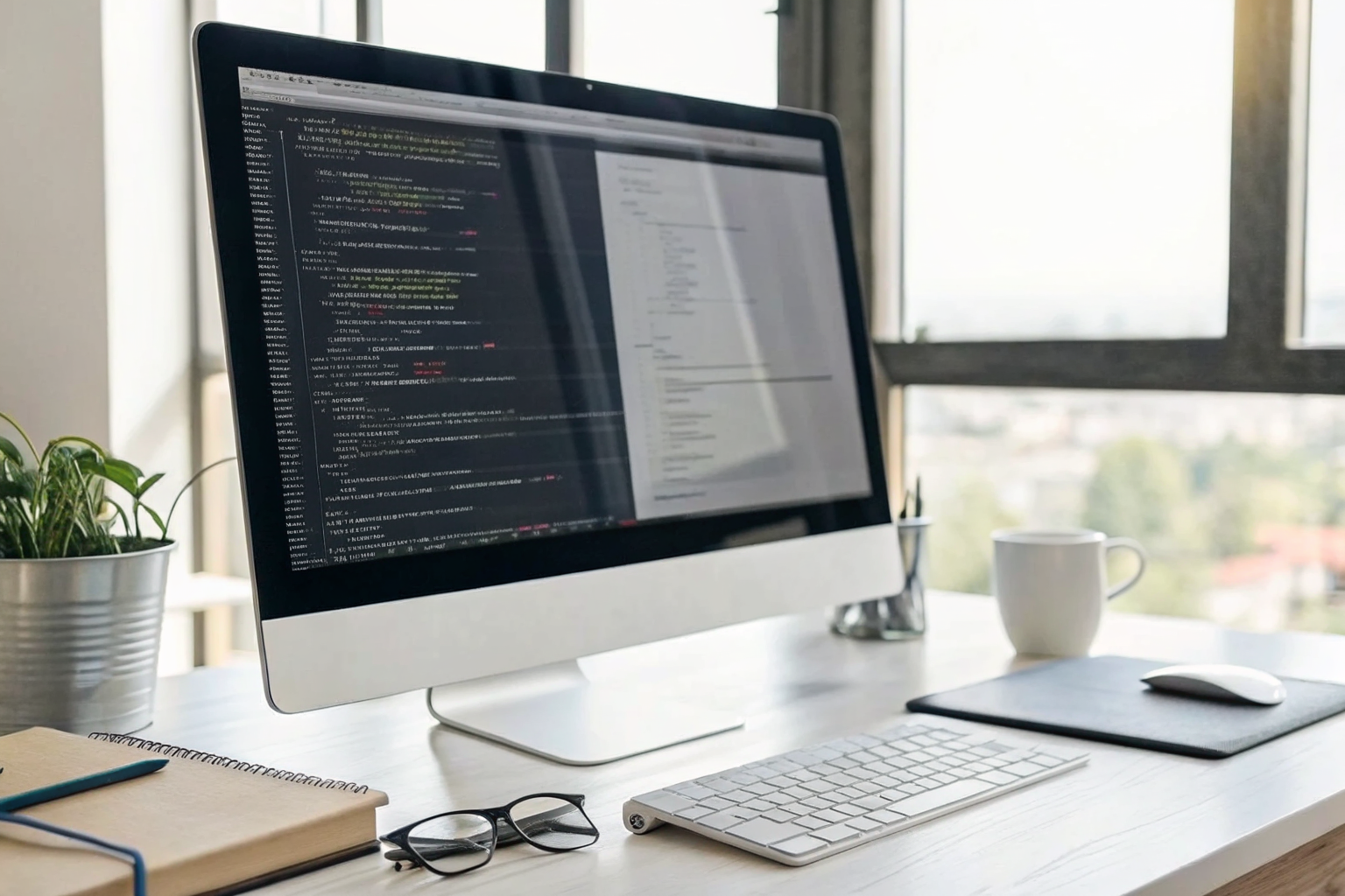 Developer's workspace with code editor showing AI webchat embed snippet.
