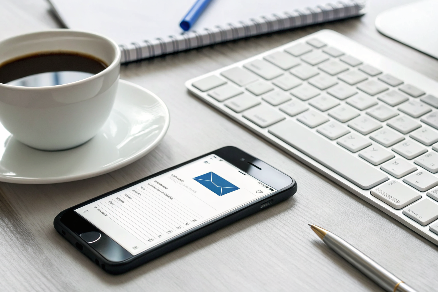 Smartphone on desk sending SMS, coffee cup nearby, office setting