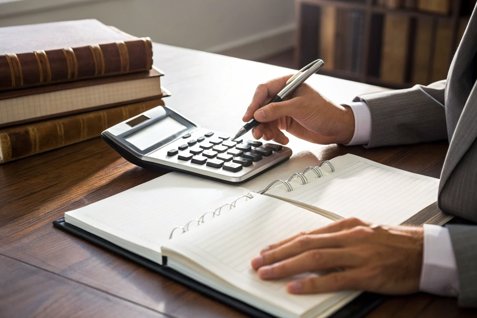 Accountant calculating TCPA fines, legal books and notepad on desk.