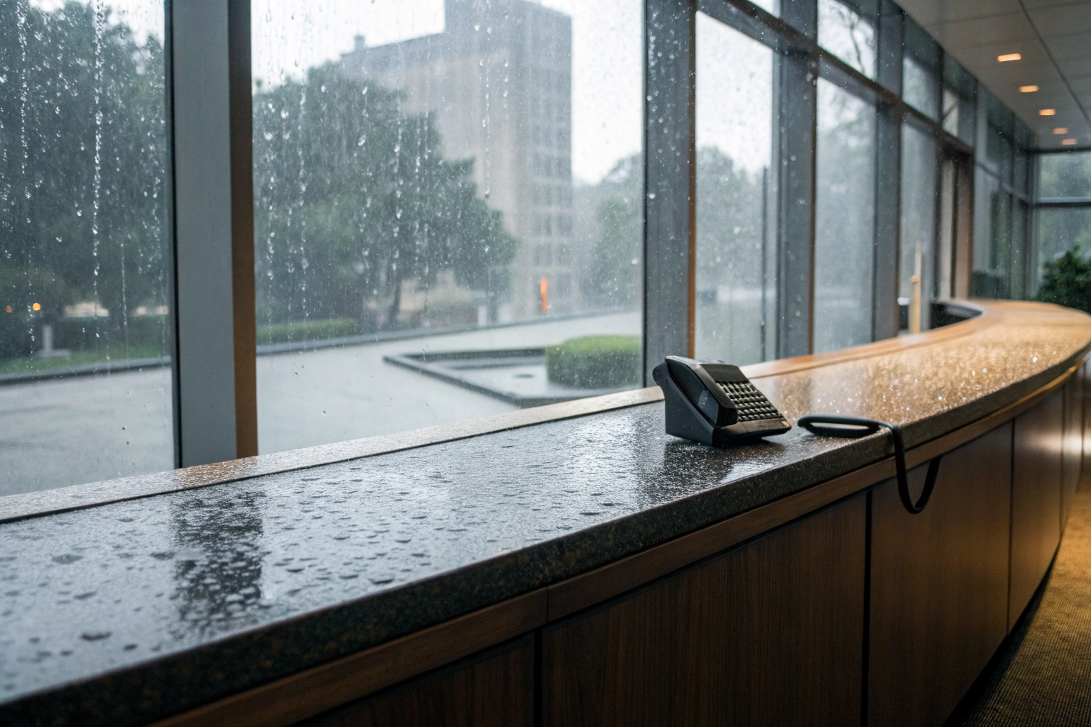 Empty reception desk with phone ringing and storm visible outside.