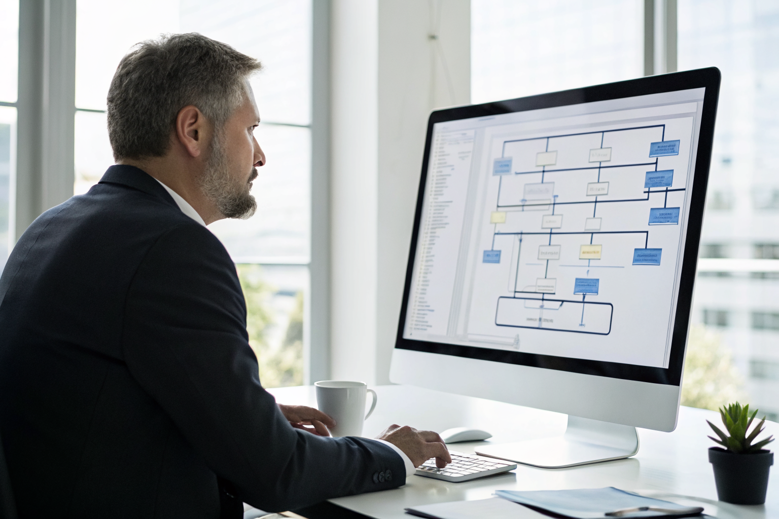 Person reviewing call flow chart on monitor in office.