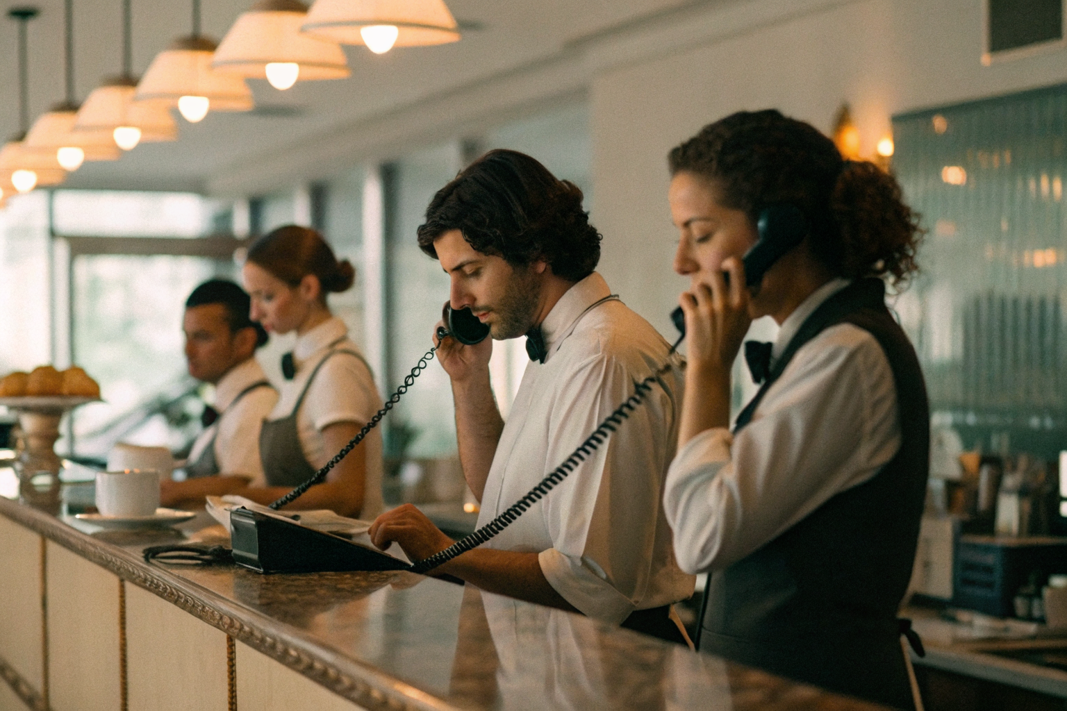 Restaurant front desk with phones ringing, staff busy.