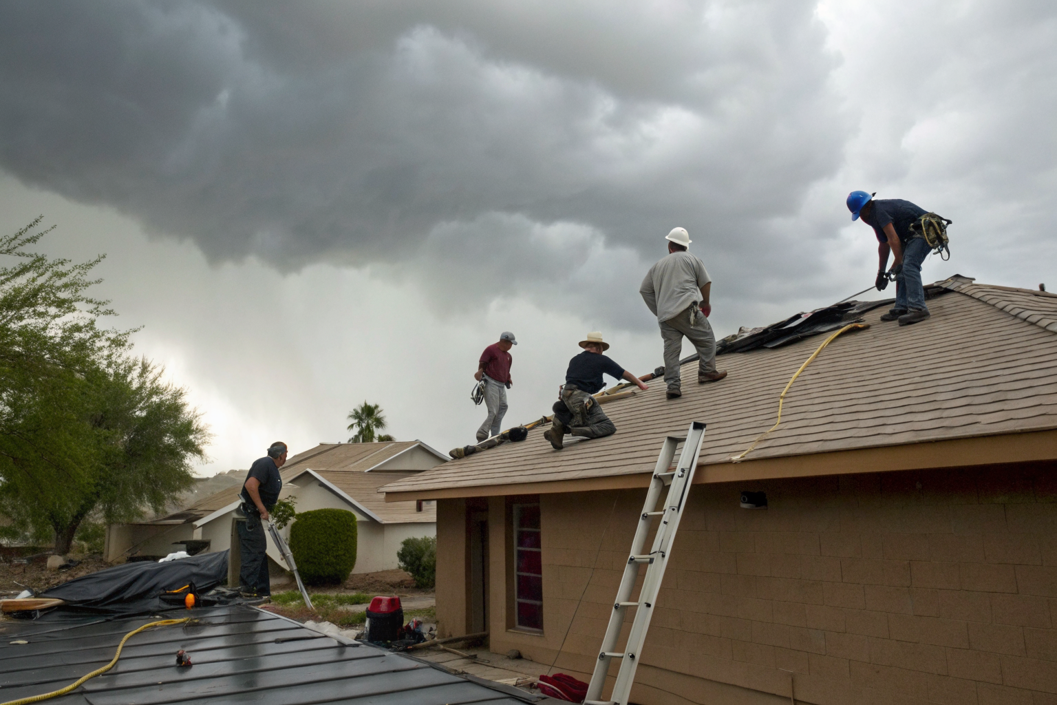 Roofers and technicians repairing storm damage in Phoenix.