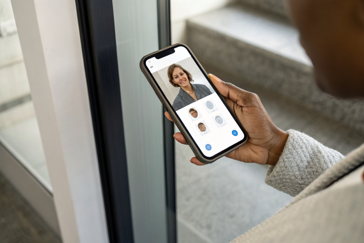 Phone with AI receptionist interface and hang-up option.