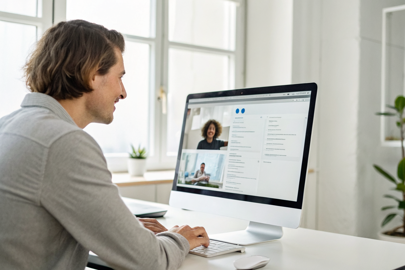 Desktop screen with AI webchat engaging a visitor in a structured flow.