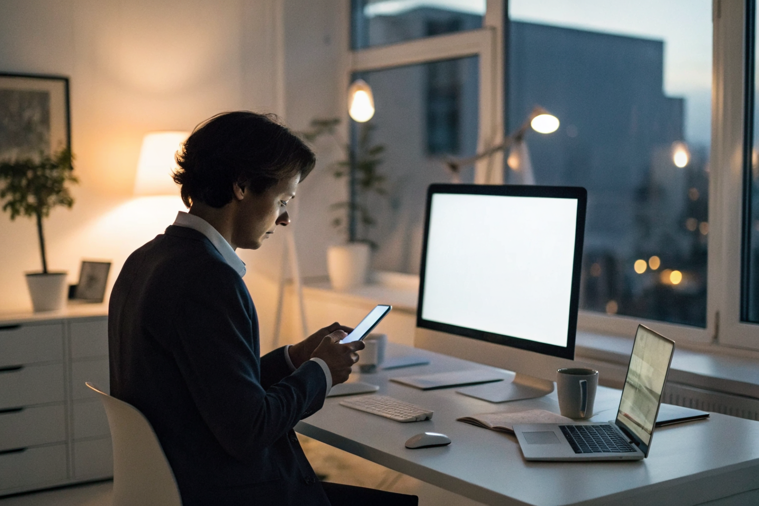 Person in office reviewing phone with text messages.