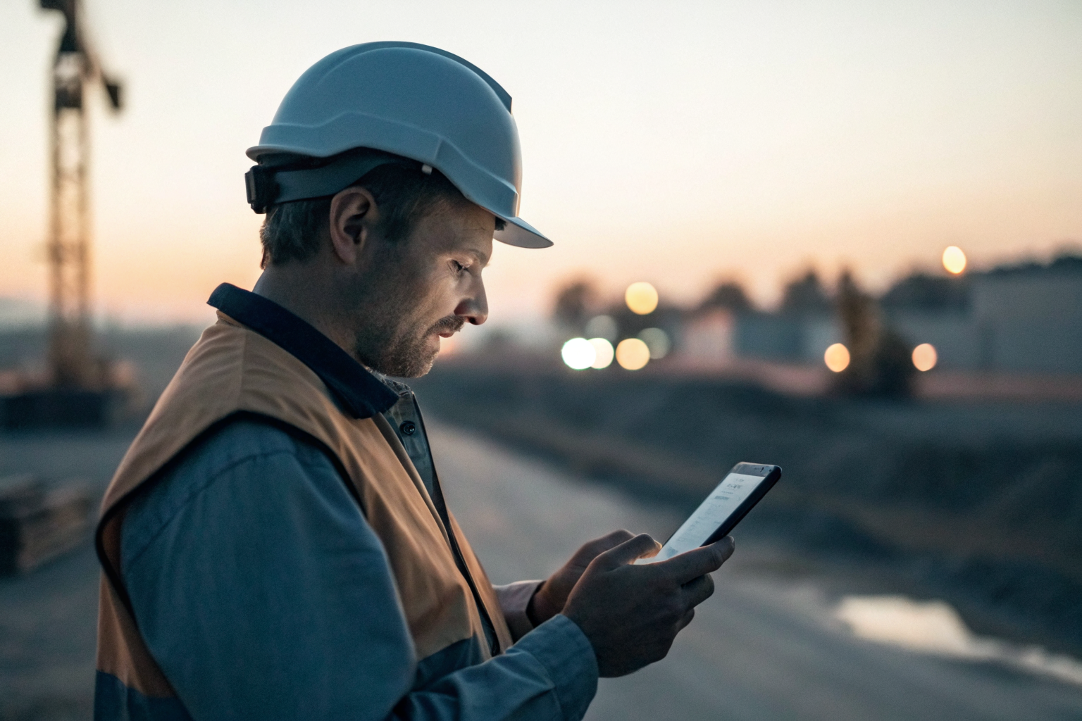 Business owner using mobile device for AI customer service.