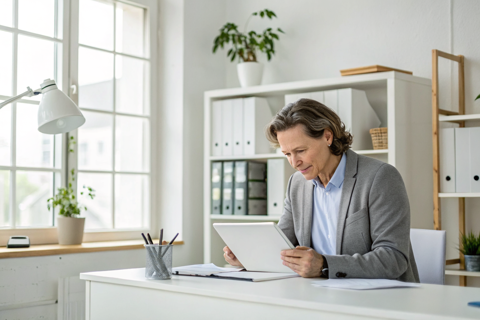 Business owner reviewing API documentation on a tablet in office.